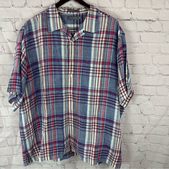 Daniel Cremieux Blue Red plaid Casual 100% linen Button Down Shirt sz XL - Picture 1 of 6